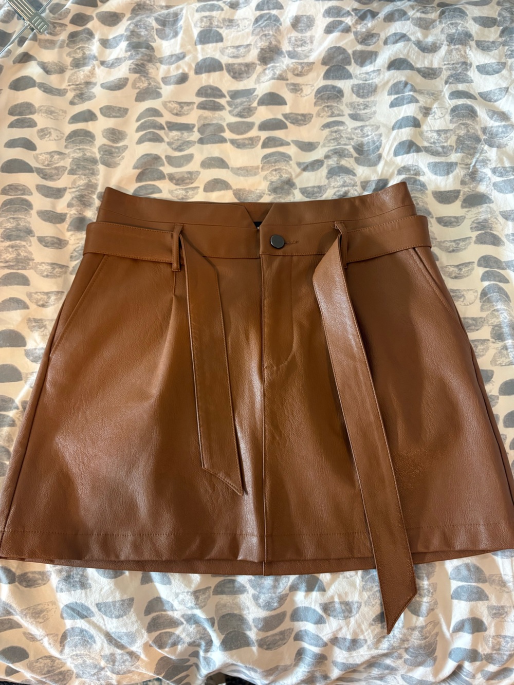 Paige Brown Faux-Leather Skirt with Self-Tie Belt. Blanka Vegan Leather Skirt